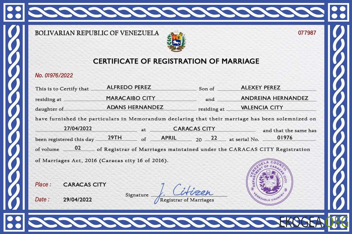 Modèle PSD de certificat de mariage au Venezuela
